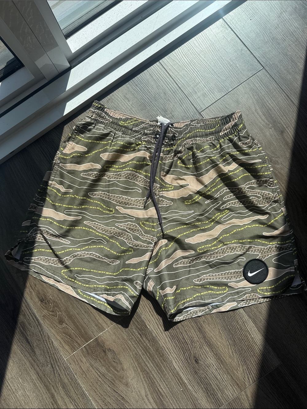 Nike Olive Camo Swim Trunks with Neon Accents